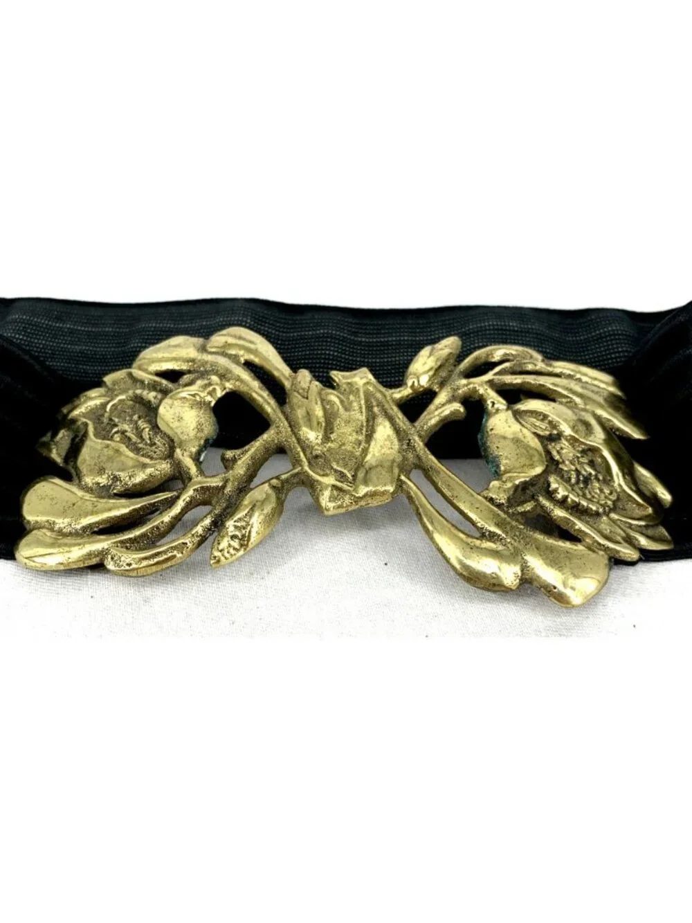 Brutalist Black Belt Brass Buckle Elastic Stretch Sz 26-30 Vintage